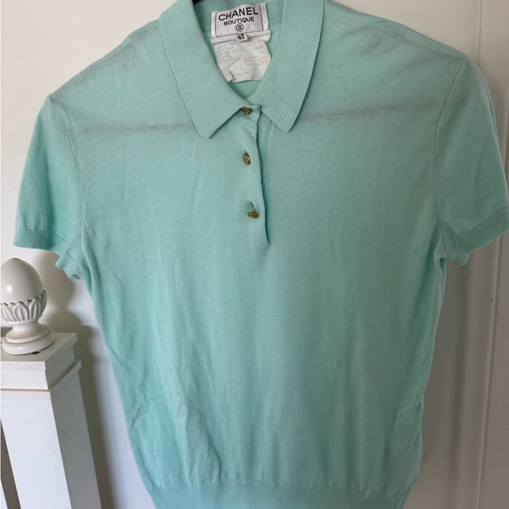 CHANEL cotton knit polo shirt in Mint Green w/ Gold CC buttons SZ 42
